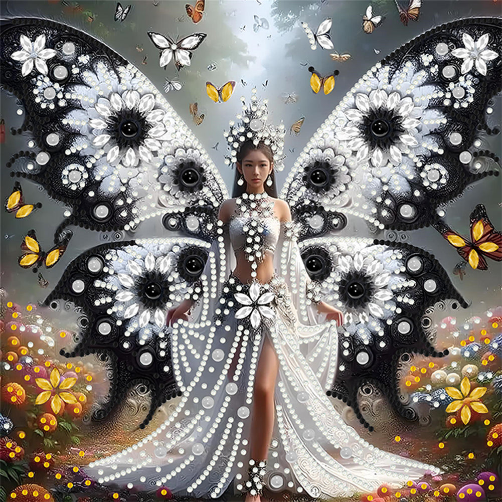 White And Black Butterfly Girl - Special Shaped Drill Diamond Painting 30*30CM