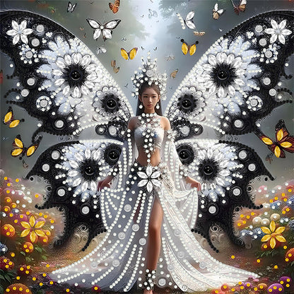 White And Black Butterfly Girl - Special Shaped Drill Diamond Painting 30*30CM