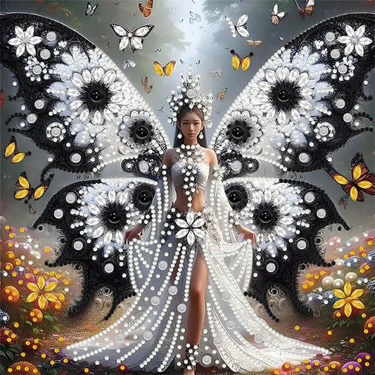 White And Black Butterfly Girl - Special Shaped Drill Diamond Painting 30*30CM