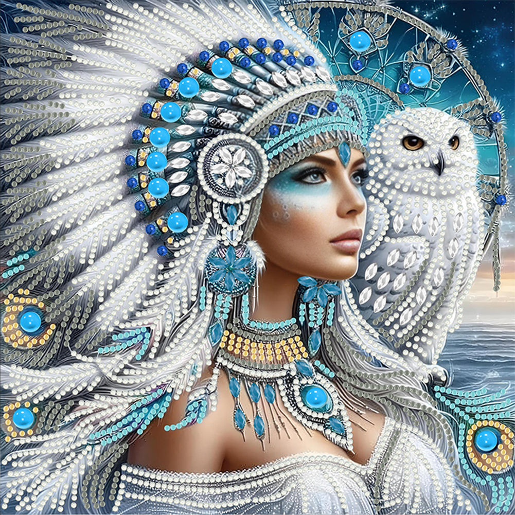 Indian Girl And White Owl - Special Shaped Drill Diamond Painting 30*30CM