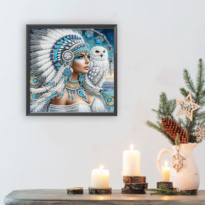 Indian Girl And White Owl - Special Shaped Drill Diamond Painting 30*30CM