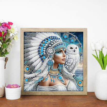 Indian Girl And White Owl - Special Shaped Drill Diamond Painting 30*30CM