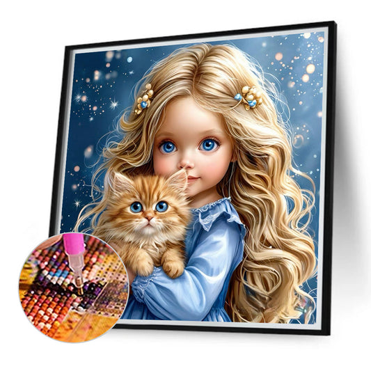 Girl And Cat - Full Round Drill Diamond Painting 40*40CM