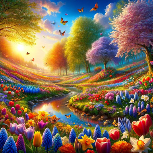 Flower Sea And Stream - Full Round Drill Diamond Painting 30*30CM