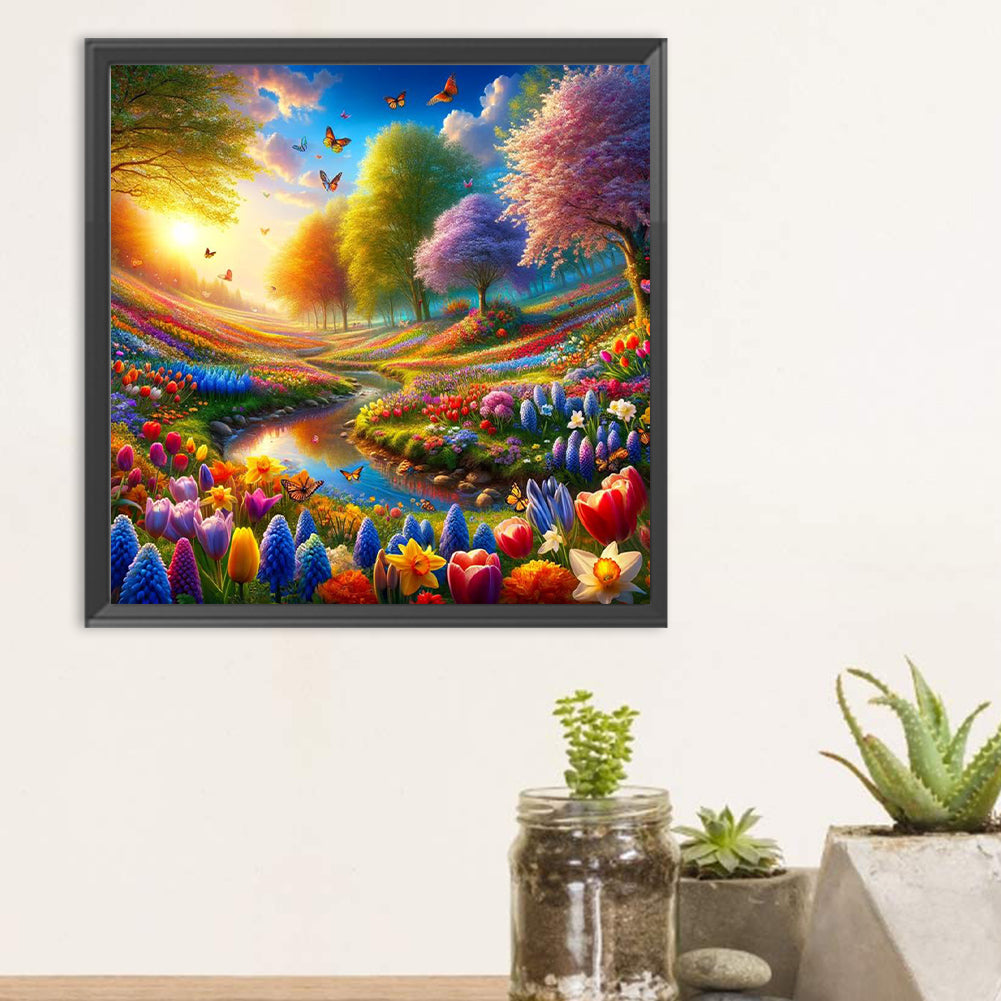 Flower Sea And Stream - Full Round Drill Diamond Painting 30*30CM