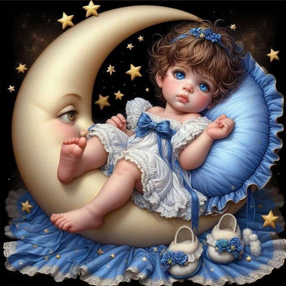 Pajamas Girl And Moon - Full Round Drill Diamond Painting 40*40CM