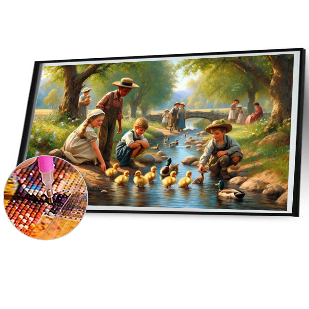 Children Playing With Ducks By The Stream - Full Square Drill Diamond Painting 70*40CM