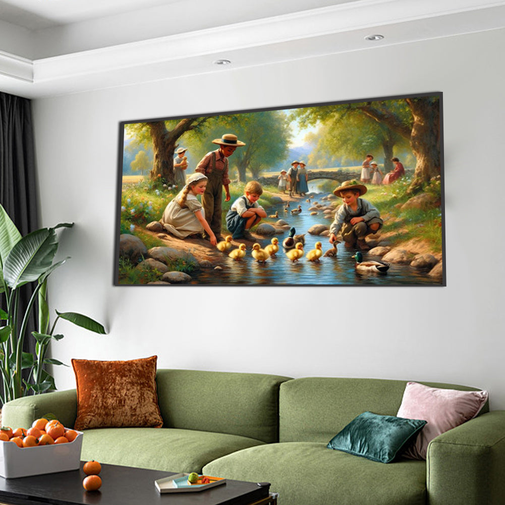 Children Playing With Ducks By The Stream - Full Square Drill Diamond Painting 70*40CM