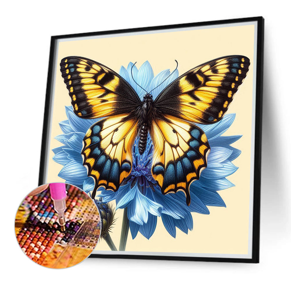 Blue Flower Butterfly - Full Round Drill Diamond Painting 40*40CM