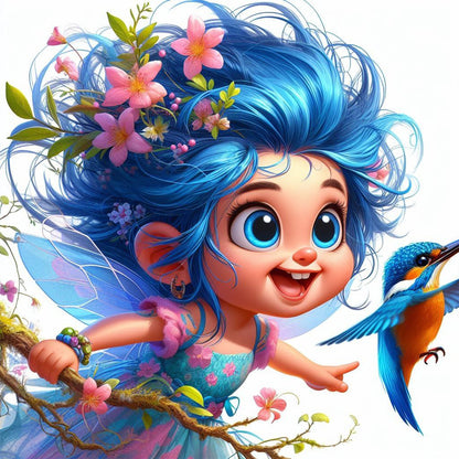Blue-Haired Elf Girl And Hummingbird - Full Round Drill Diamond Painting 40*40CM
