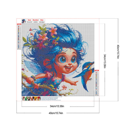 Blue-Haired Elf Girl And Hummingbird - Full Round Drill Diamond Painting 40*40CM