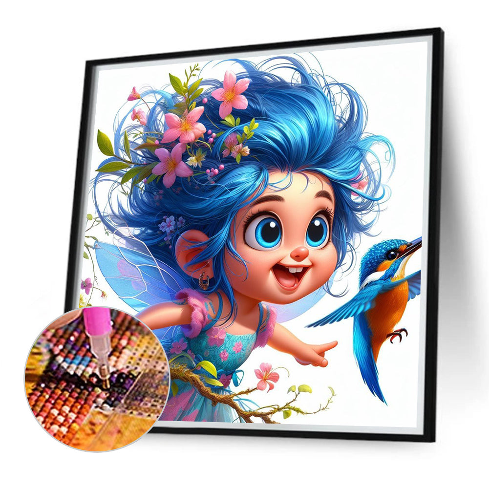 Blue-Haired Elf Girl And Hummingbird - Full Round Drill Diamond Painting 40*40CM