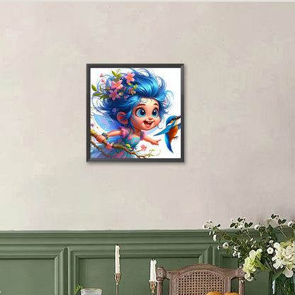 Blue-Haired Elf Girl And Hummingbird - Full Round Drill Diamond Painting 40*40CM