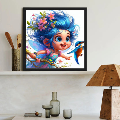 Blue-Haired Elf Girl And Hummingbird - Full Round Drill Diamond Painting 40*40CM