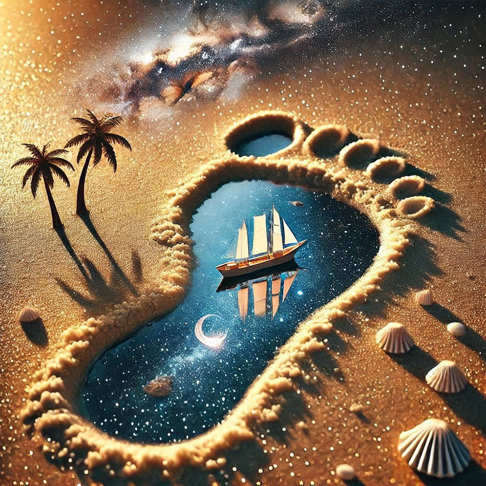 Desert Footprints, Starry Sky, Sailboat - Full Round Drill Diamond Painting 40*40CM