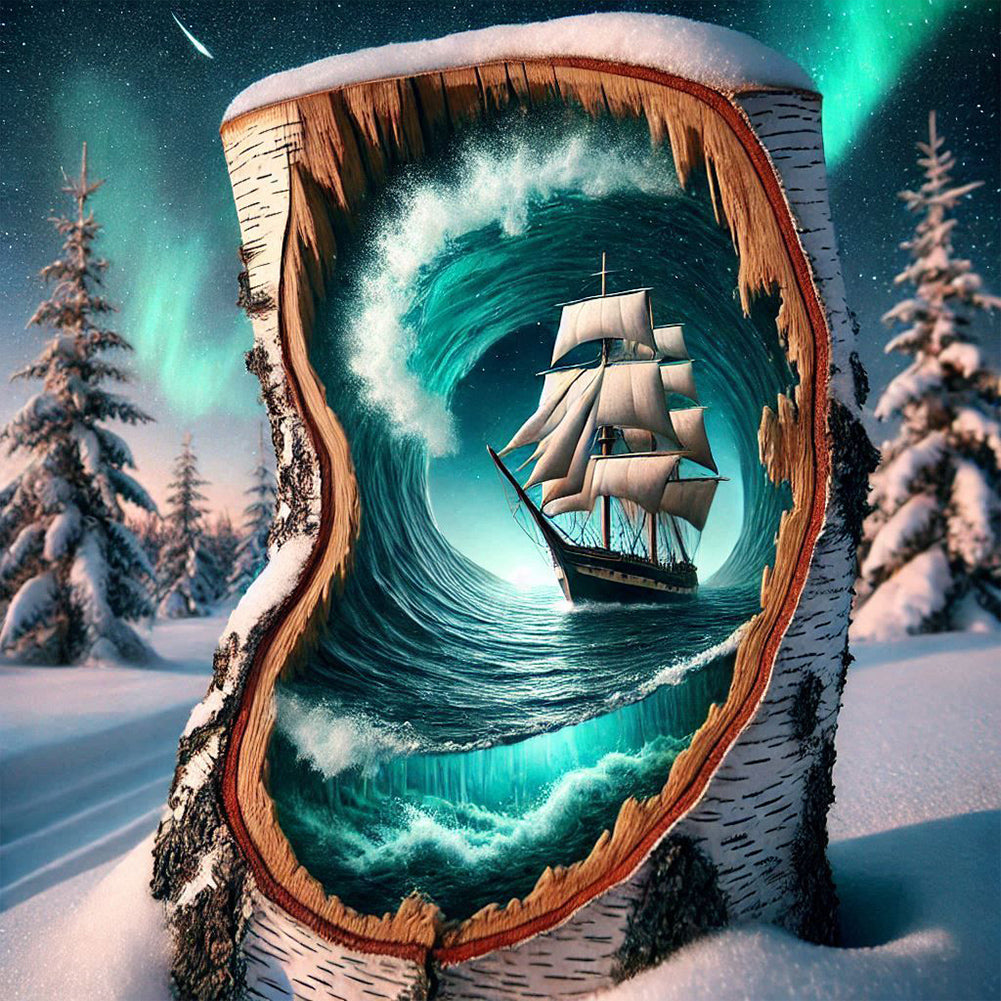 Snowy Night, Aurora, Waves, Sailboat - Full Round Drill Diamond Painting 40*40CM