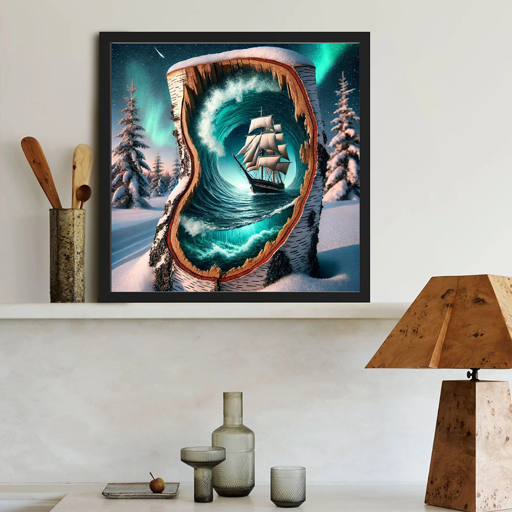 Snowy Night, Aurora, Waves, Sailboat - Full Round Drill Diamond Painting 40*40CM