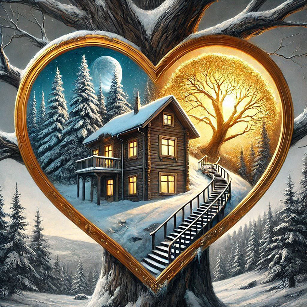 Love Tree Hole, Snowy Night, House - Full Round Drill Diamond Painting 40*40CM