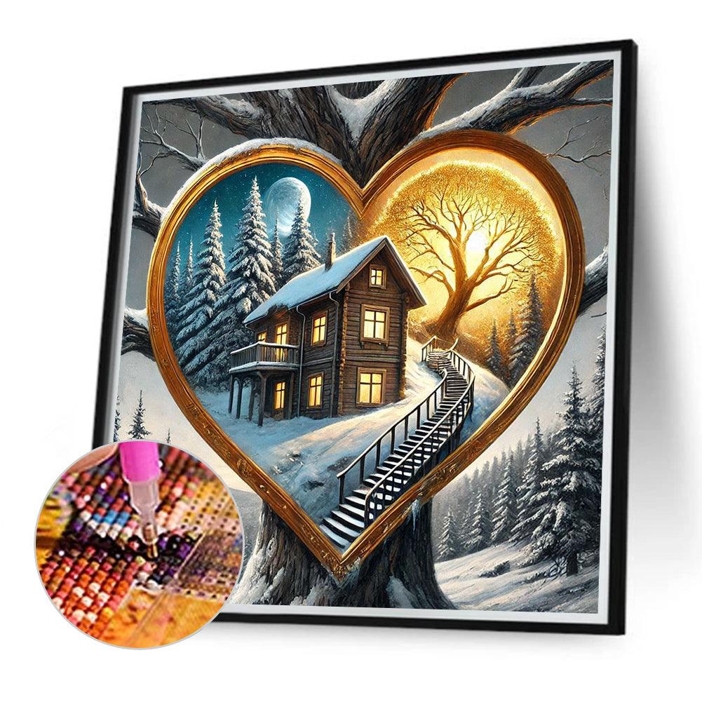 Love Tree Hole, Snowy Night, House - Full Round Drill Diamond Painting 40*40CM