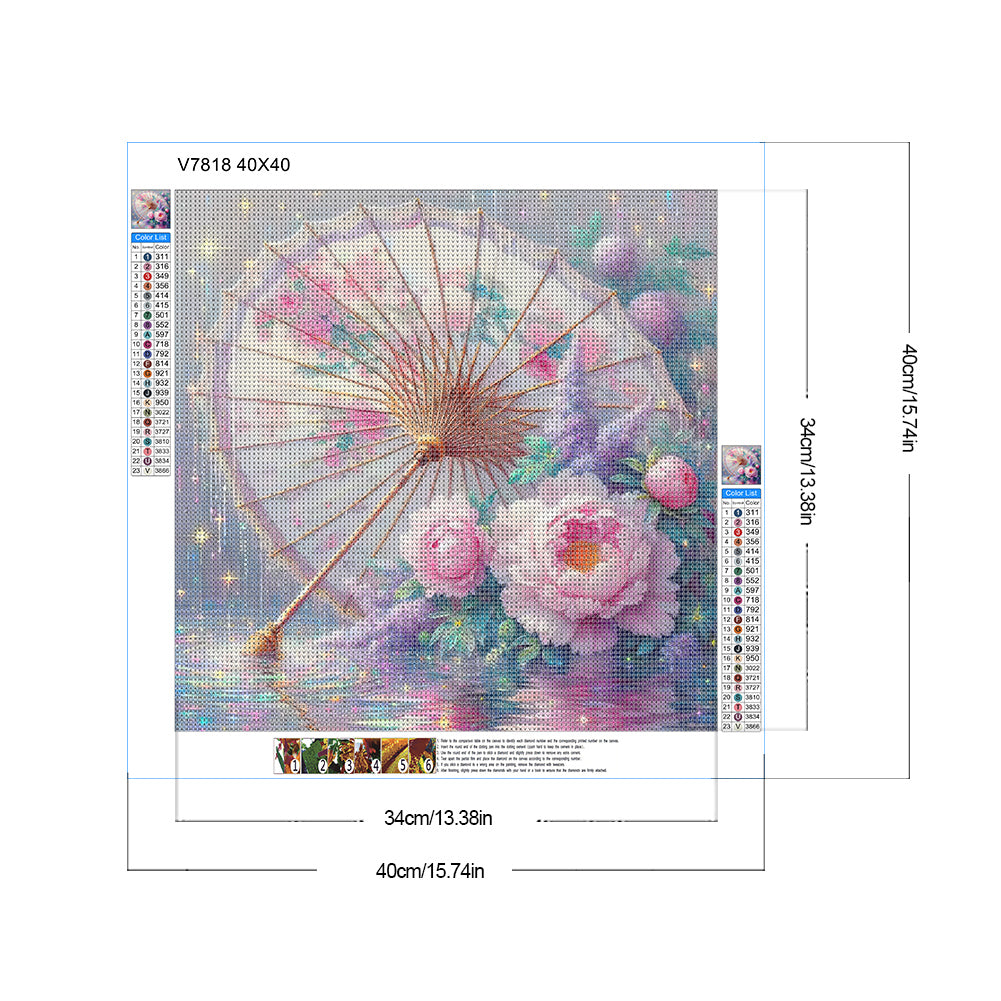 Peony Flower, Oil-Paper Umbrella - Full Round Drill Diamond Painting 40*40CM