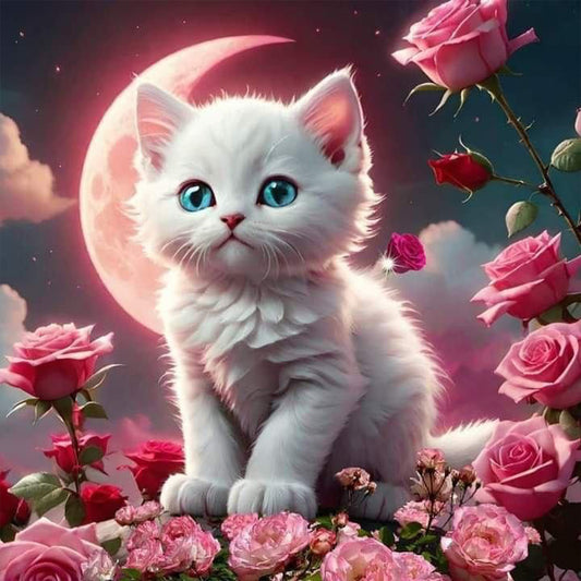 Blood Moon, White Cat - Full Round Drill Diamond Painting 40*40CM