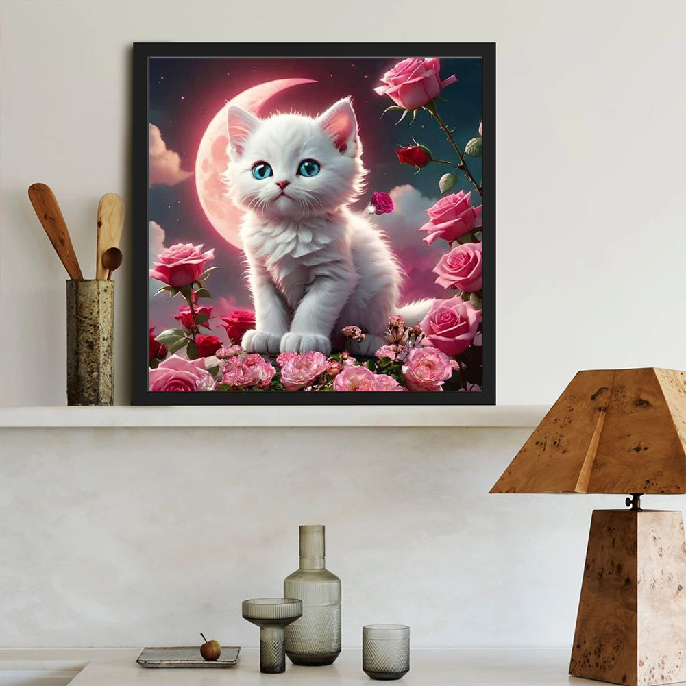 Blood Moon, White Cat - Full Round Drill Diamond Painting 40*40CM