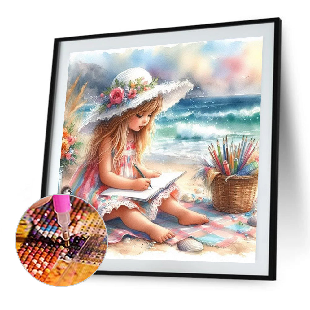 Little Girl Playing On The Beach In Summer - Full Square Drill Diamond Painting 30*30CM