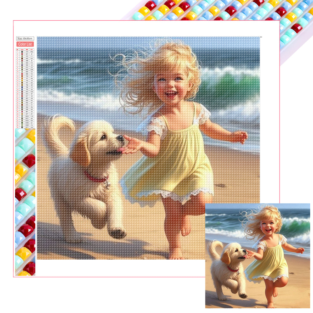Little Girl Playing On The Beach In Summer - Full Square Drill Diamond Painting 30*30CM