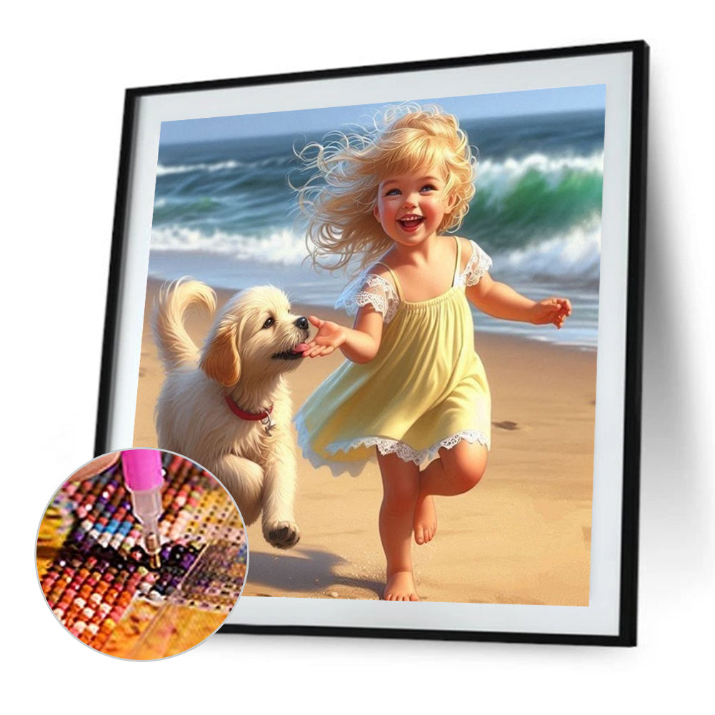 Little Girl Playing On The Beach In Summer - Full Square Drill Diamond Painting 30*30CM