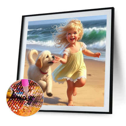 Little Girl Playing On The Beach In Summer - Full Square Drill Diamond Painting 30*30CM