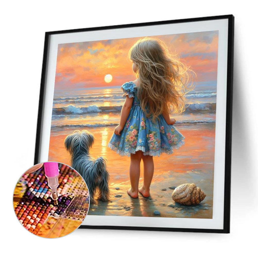 Little Girl Playing On The Beach In Summer - Full Square Drill Diamond Painting 30*30CM