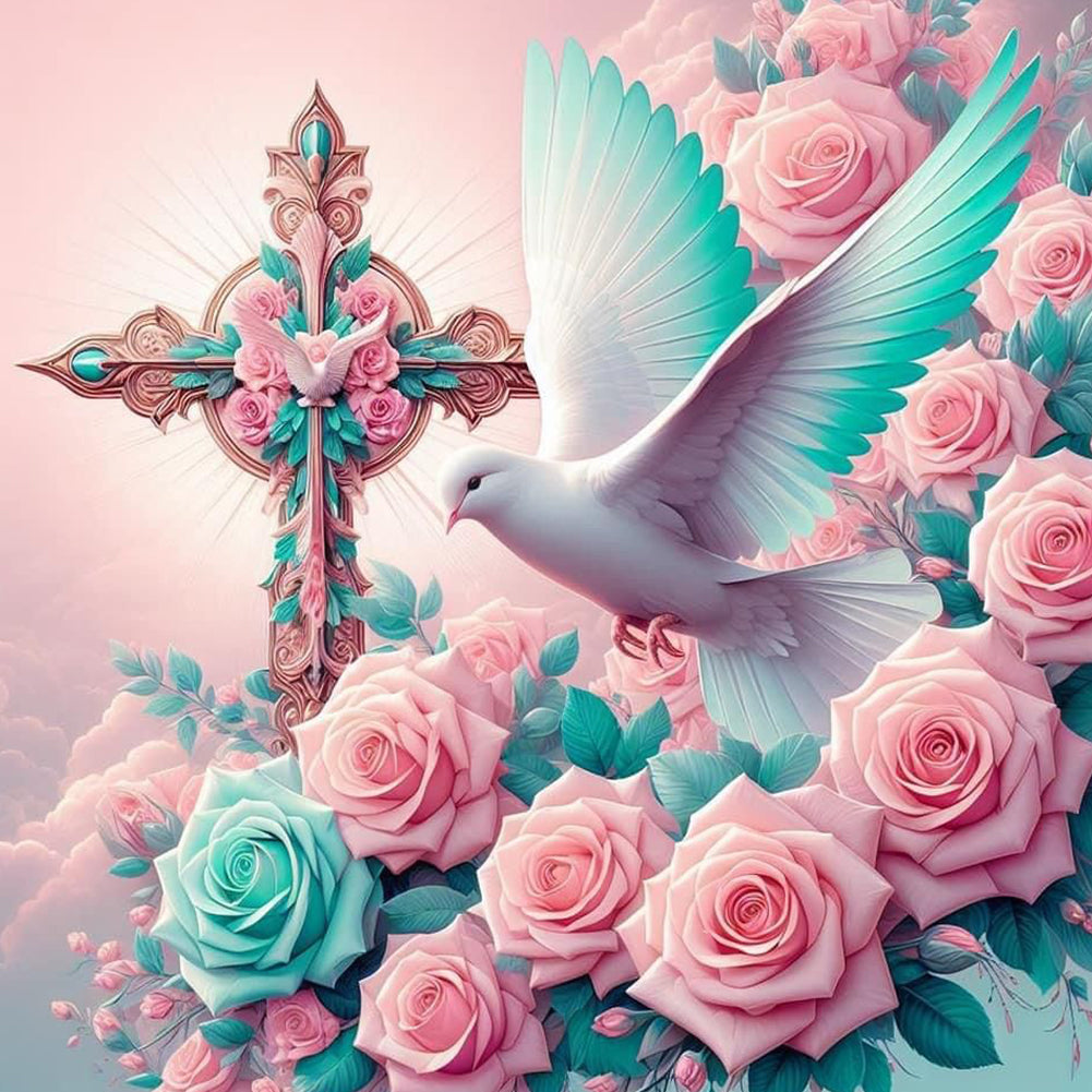 Cross Rose White Dove - Full Round Drill Diamond Painting 40*40CM