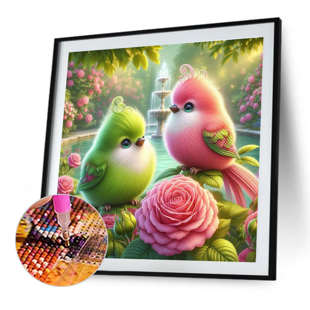 Green And Pink Bird In The Fountain Flower Forest - Full Round Drill Diamond Painting 40*40CM