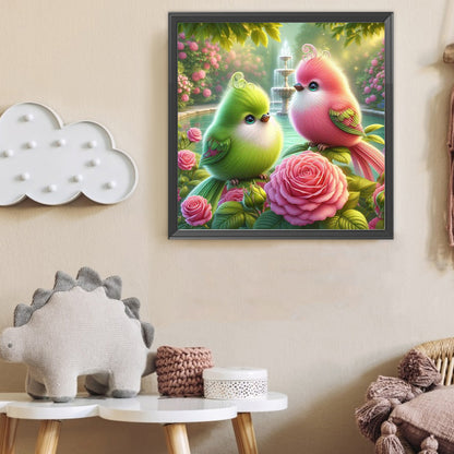 Green And Pink Bird In The Fountain Flower Forest - Full Round Drill Diamond Painting 40*40CM