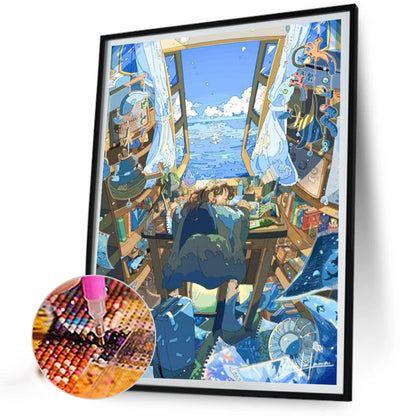 Girl At The Desk - Full AB Round Drill Diamond Painting 40*50CM