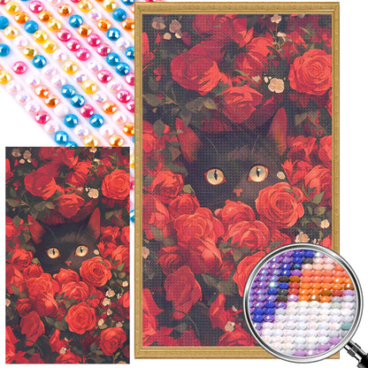 Black Cat In The Red Rose Bush - Full AB Round Drill Diamond Painting 40*70CM