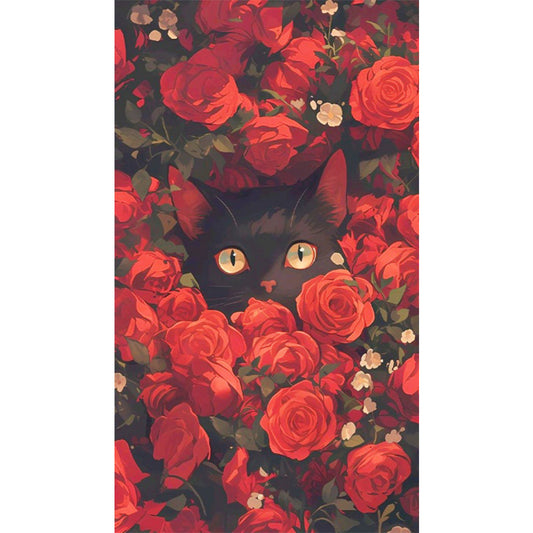 Black Cat In The Red Rose Bush - Full AB Round Drill Diamond Painting 40*70CM