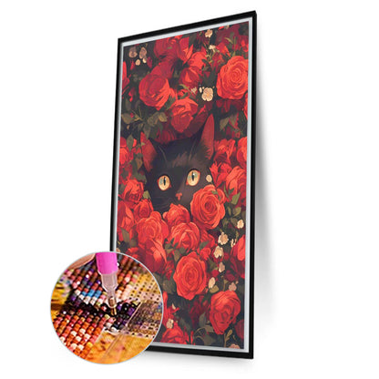 Black Cat In The Red Rose Bush - Full AB Round Drill Diamond Painting 40*70CM