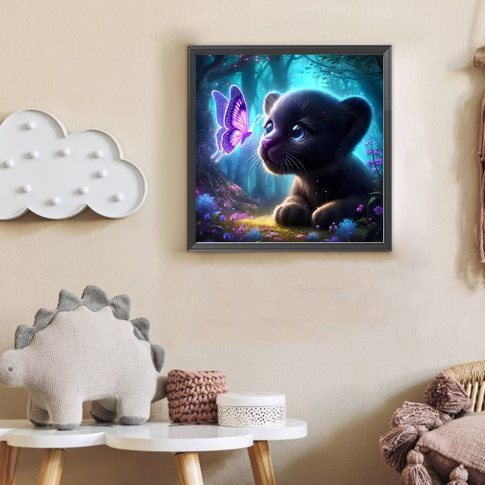 Fluorescent Butterfly Black Panther - Full Round Drill Diamond Painting 30*30CM