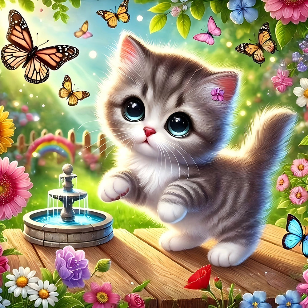 Flower Butterfly Kitten - Full Round Drill Diamond Painting 30*30CM