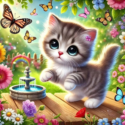 Flower Butterfly Kitten - Full Round Drill Diamond Painting 30*30CM