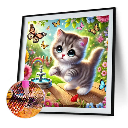 Flower Butterfly Kitten - Full Round Drill Diamond Painting 30*30CM
