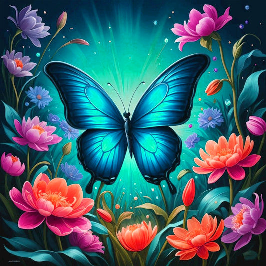 Flower Blue Butterfly - Full Round Drill Diamond Painting 30*30CM