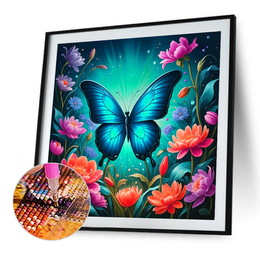 Flower Blue Butterfly - Full Round Drill Diamond Painting 30*30CM