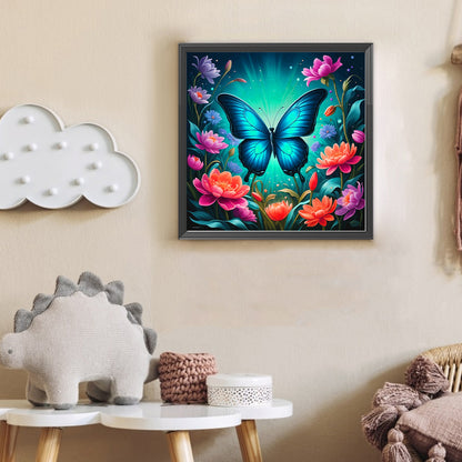 Flower Blue Butterfly - Full Round Drill Diamond Painting 30*30CM