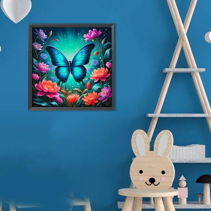 Flower Blue Butterfly - Full Round Drill Diamond Painting 30*30CM