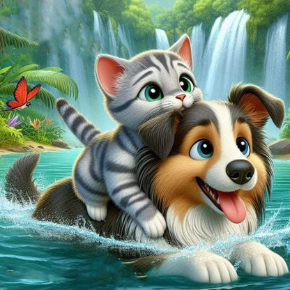 Lake Kitten And Puppy - Full Round Drill Diamond Painting 30*30CM