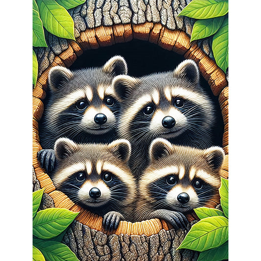 Tree Hole Raccoons - Full Round Drill Diamond Painting 30*40CM