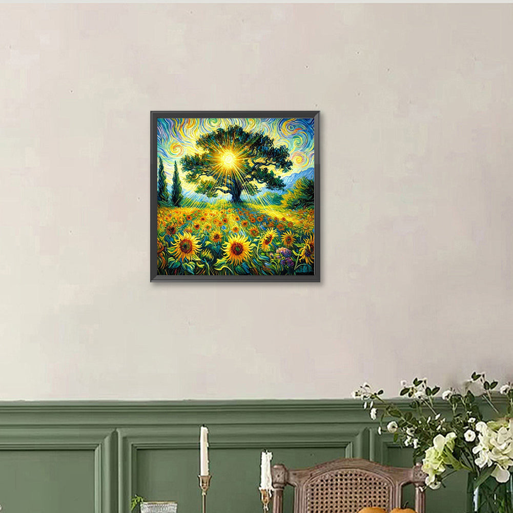 Landscape Painting Of Tree Of Life Sunflower Field - Full Round Drill Diamond Painting 40*40CM