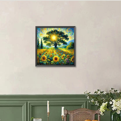 Landscape Painting Of Tree Of Life Sunflower Field - Full Round Drill Diamond Painting 40*40CM